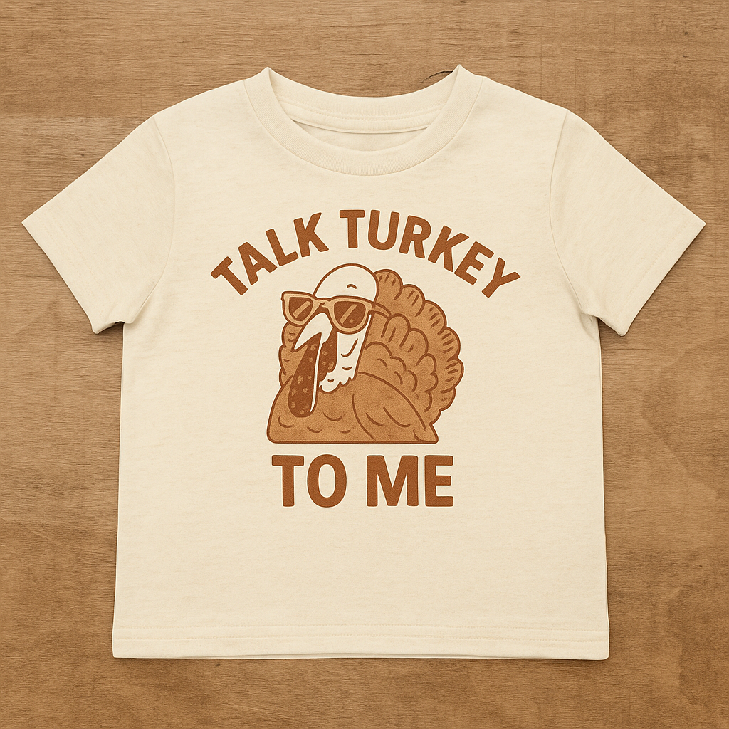Talk Turkey To Me Toddler Tee – Funny Thanksgiving Shirt for Kids | Fall Turkey Shirt | Lil’ Crop Tops Bella Canvas Ivory Holiday Tee
