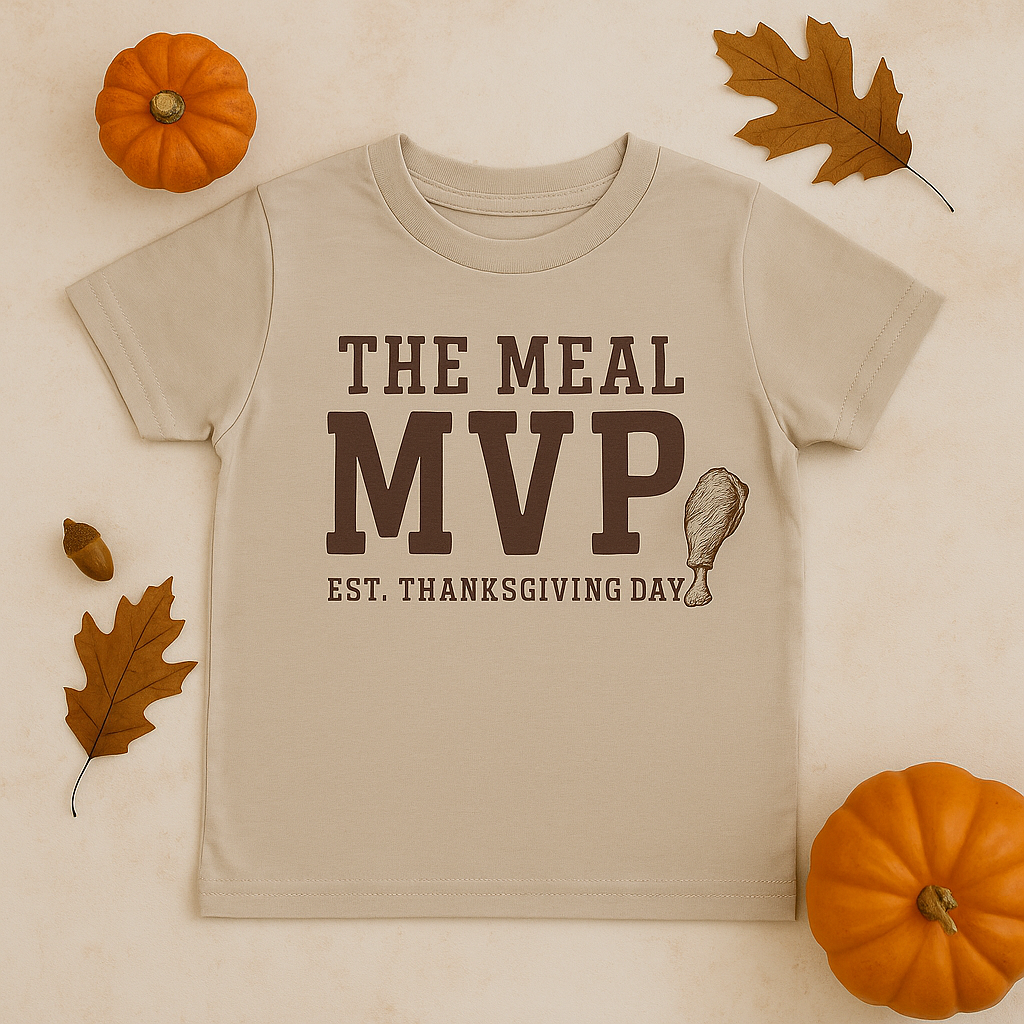 The Meal MVP Toddler Thanksgiving Shirt | Cute Retro Varsity Turkey Day Tee | Bella Canvas Heather Stone Kids Fall Shirt | Funny Holiday T-Shirt