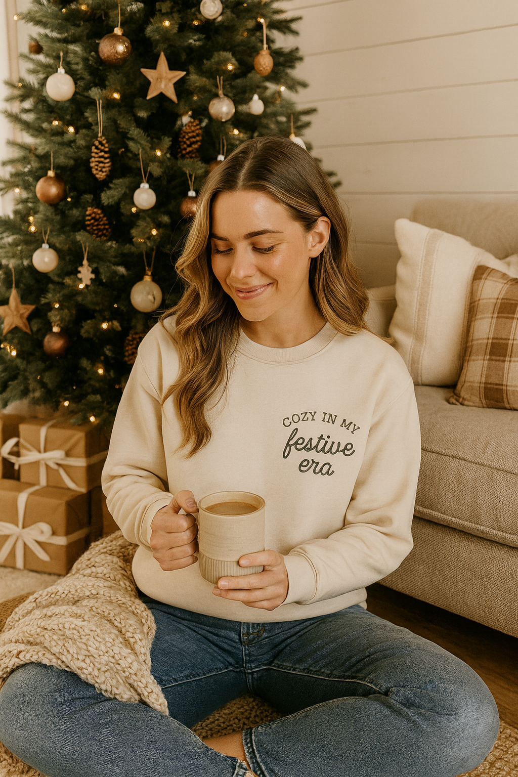 Cozy in My Festive Era Sweatshirt White/Bone| Holiday Crewneck | Christmas Aesthetic Pullover | Cozy Farmhouse Christmas Sweater | Neutral Holiday Gift for Her