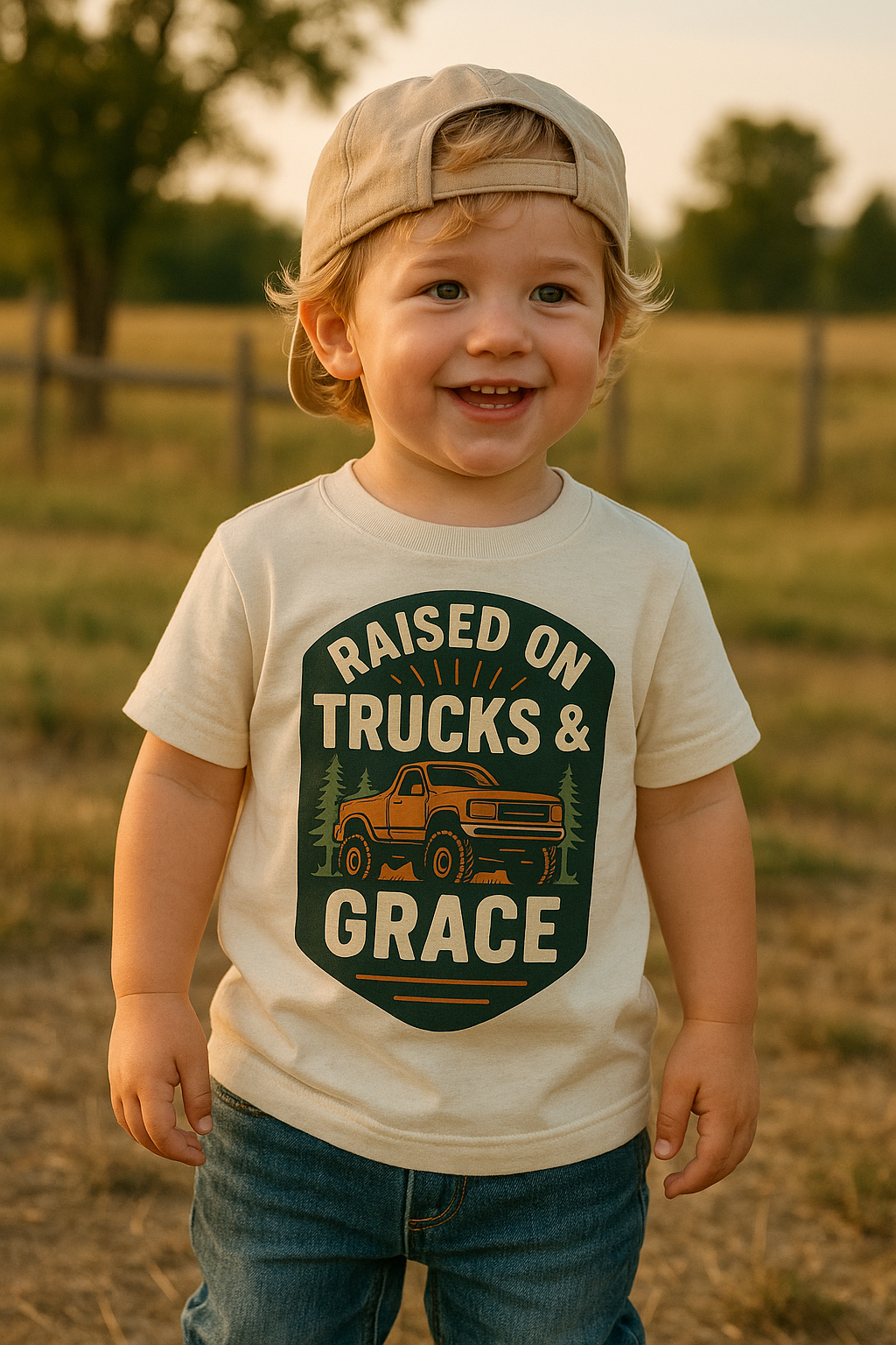 Raised on Trucks & Grace Toddler Shirt | Country Kids Tee | Faith Based Shirt | Truck Lover Gift | Rustic Western Baby Tee | Farm Kid Outfit
