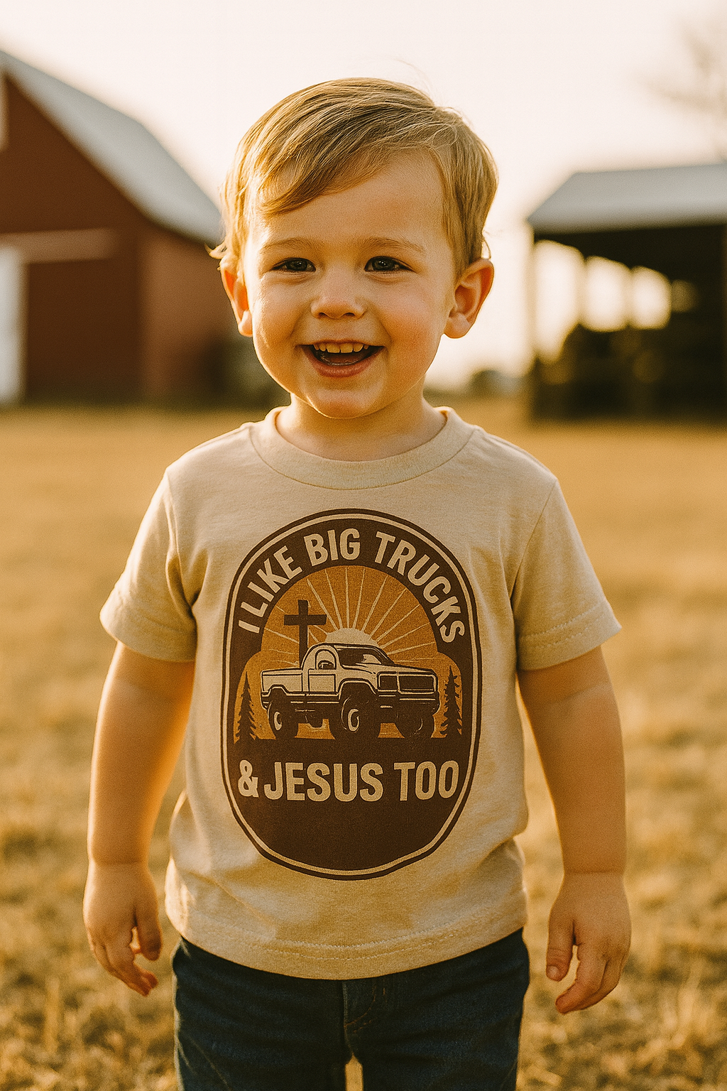 I Like Big Trucks & Jesus Too Toddler Shirt | Faith Based Kid’s Tee | Country Boy Outfit | Christian Truck Shirt | Farm Kid Tee