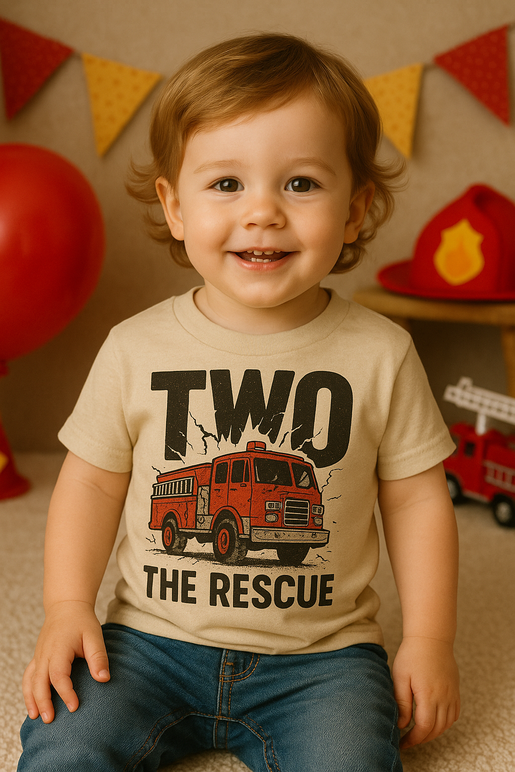 Fire Truck "Two The Rescue" Toddler Tee – 2nd Birthday Firefighter Shirt