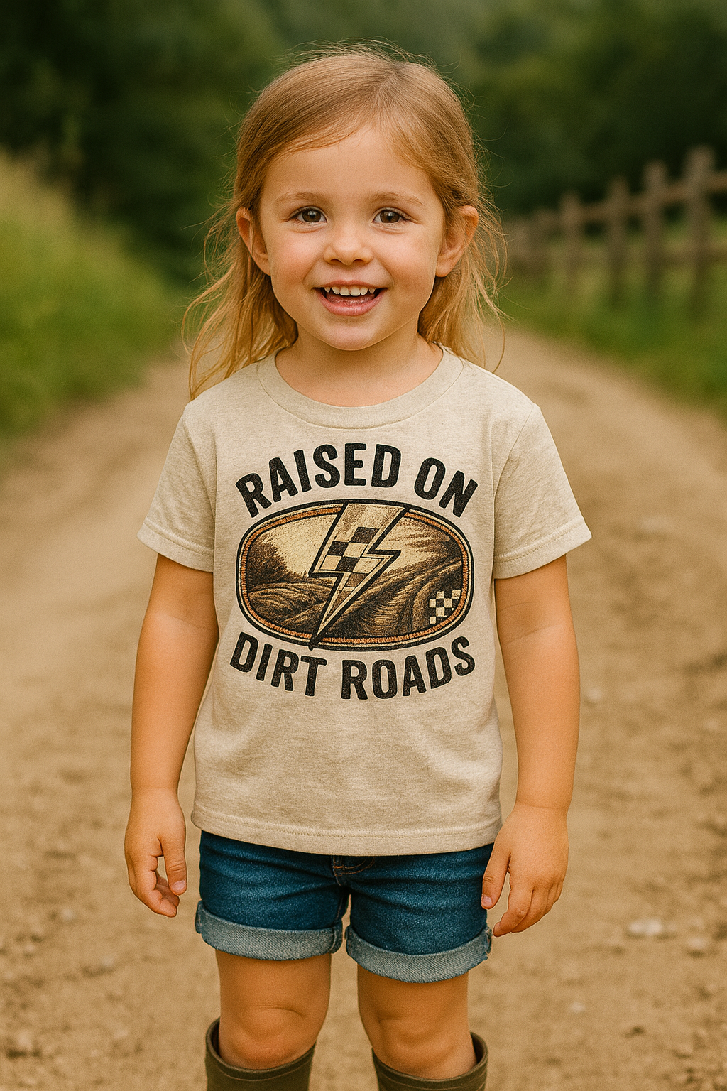 Toddler Tee - "Raised on Dirt Roads" Vintage Lightning Logo