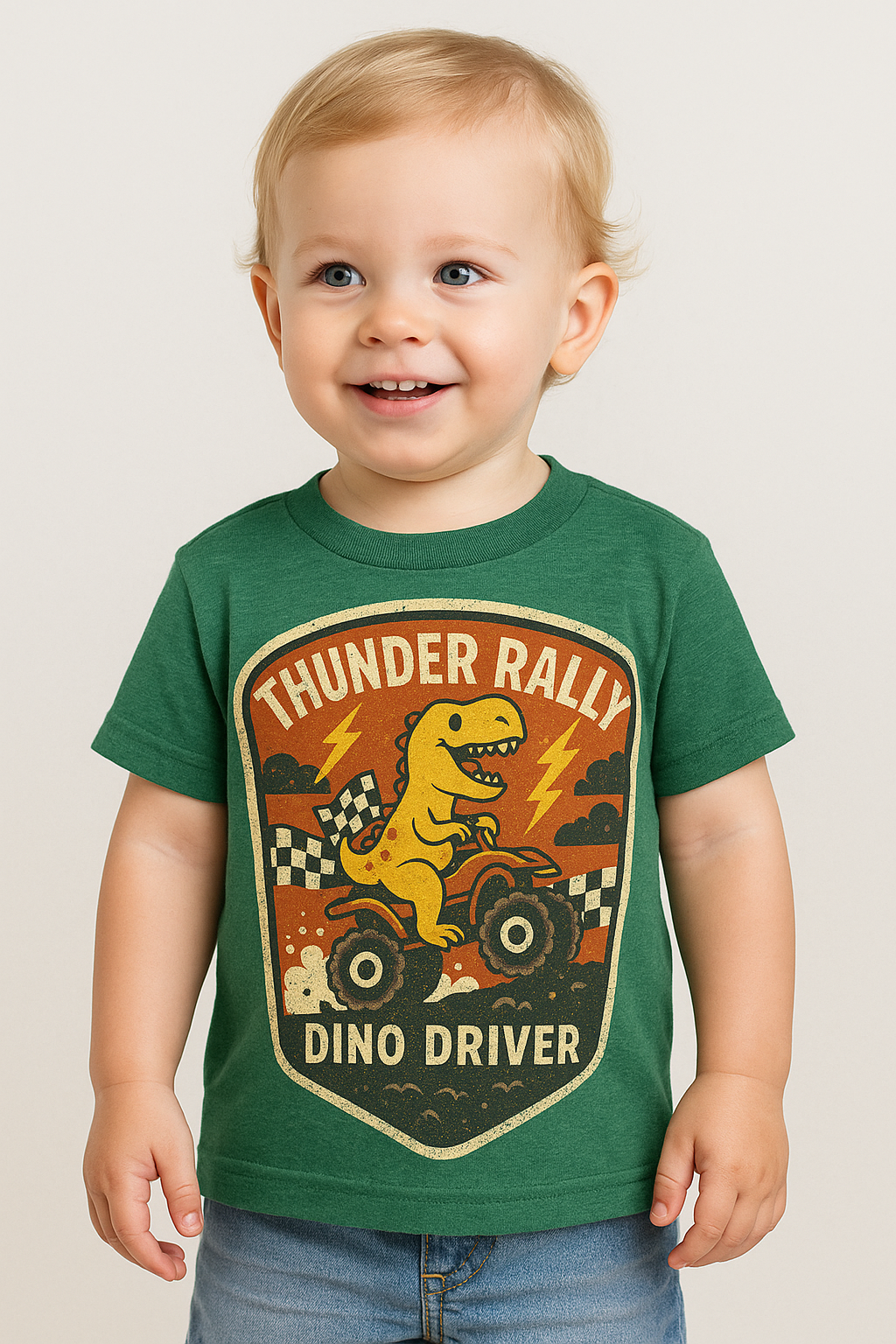 Thunder Rally Dino Driver Toddler Tee | Vintage Dinosaur ATV Shirt | Fun Patch-Style Graphic Tee for Kids