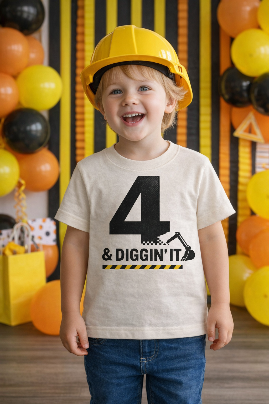 Toddler Tee - "4 & Diggin' It" Construction Birthday Shirt