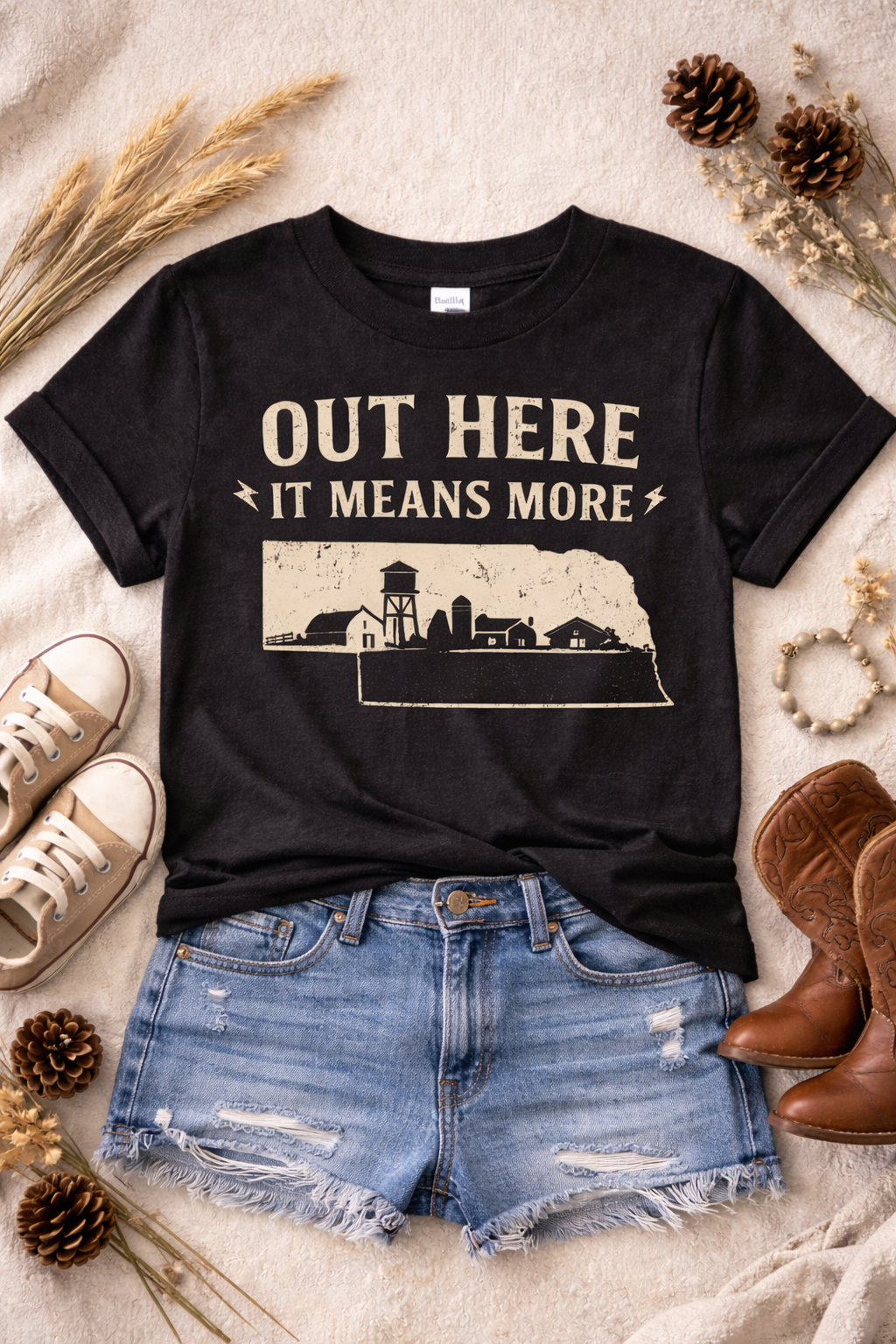 Out Here It Means More Shirt | Nebraska Womens Shirt | Farm Life Graphic Tee | Midwest Shirt | Country Girl Shirt