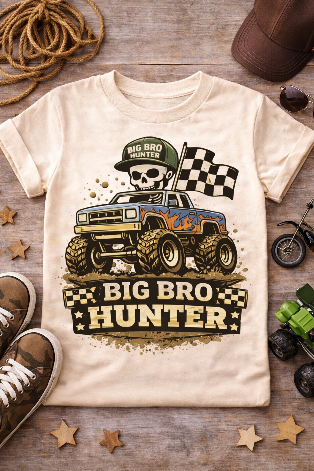 Personalized Big Bro Monster Truck Shirt, Custom Big Brother Tee, Race Flag Sibling Reveal Top, Dirt Truck Kids Name Shirt Gift