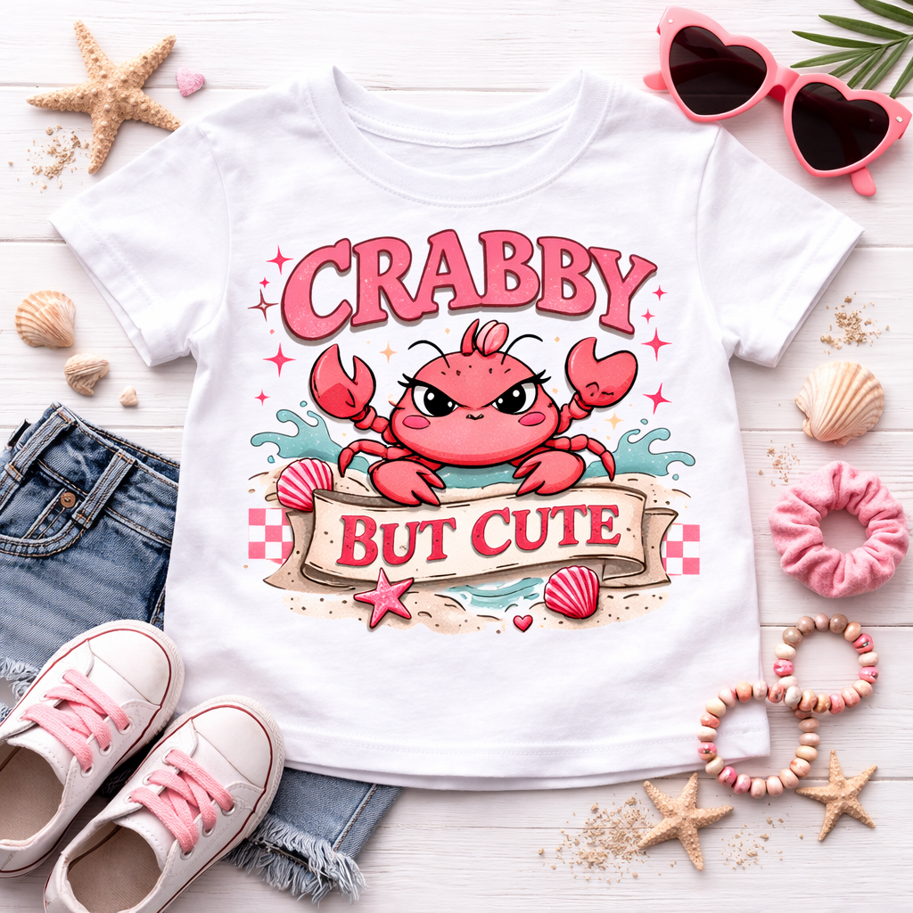 Crabby But Cute Toddler Beach Shirt, Cute Crab Graphic Tee for Girls, Summer Vacation Outfit, Seaside Kids T Shirt Gift Idea