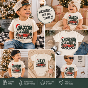 Personalized Christmas Truck Shirt, Custom Name Christmas Shirt, Vintage Red Truck Christmas Tee, Toddler Christmas Shirt, Kids Holiday Shirt, Christmas Gift