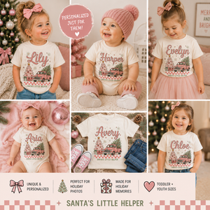 Personalized Christmas Shirt for Girls, Custom Name Christmas Shirt, Pink Vintage Truck Christmas Tee, Santa's Little Helper Shirt, Toddler Christmas Outfit