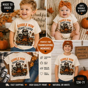 Funny Thanksgiving Raccoon Shirt, Gobble Now Feast Later Tee, Toddler Turkey Shirt, Baby Fall Bodysuit, Thanksgiving Outfit for Kids