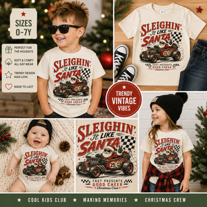 Funny Santa Christmas Shirt, Sleighin It Like Santa Tee, Toddler Holiday Shirt, Baby Christmas Outfit, Retro Race Car Christmas Shirt