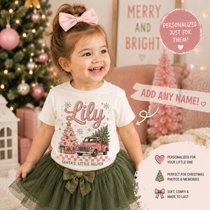 Personalized Christmas Shirt for Girls, Custom Name Christmas Shirt, Pink Vintage Truck Christmas Tee, Santa's Little Helper Shirt, Toddler Christmas Outfit