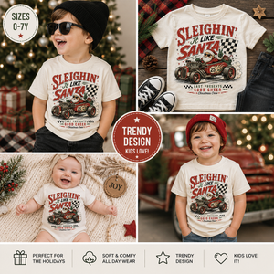 Funny Santa Christmas Shirt, Sleighin It Like Santa Tee, Toddler Holiday Shirt, Baby Christmas Outfit, Retro Race Car Christmas Shirt