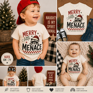 Merry Little Menace Shirt, Funny Christmas Baby Bodysuit, Raccoon Christmas Shirt, Toddler Christmas Outfit, Baby Holiday Shirt, First Christmas Gift