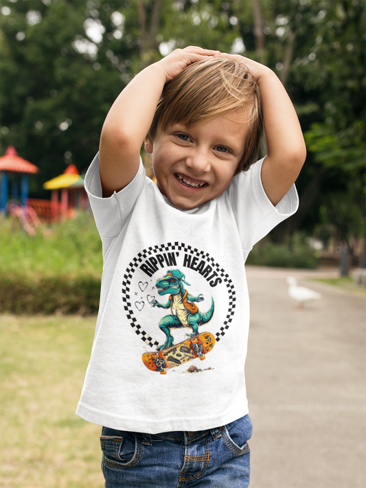 Rippin' Hearts - Fun Skateboarding Dinosaur Tee for Boys and Girls