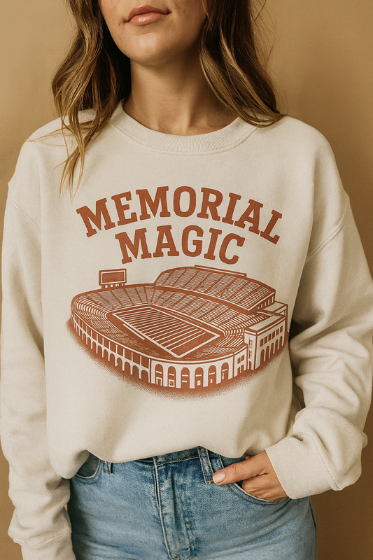 Vintage Memorial Magic Sweatshirt for Women | Retro Nebraska Football Crewneck | Distressed Memorial Stadium Graphic | Game Day Huskers Pullover