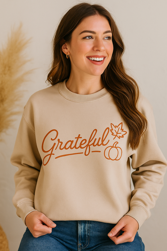 Grateful Thanksgiving Sweatshirt | Cozy Fall Crewneck for Women | Retro Pumpkin & Leaf Design | Autumn Aesthetic Gildan 18000 Sand | Thankful Gift Pullover