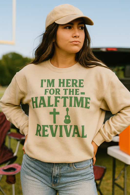 I’m Here for the Halftime Revival Sweatshirt | Faith Over Football Crewneck | Christian Game Day Sweatshirt | Retro Stadium Style | Super Bowl Sunday Church Tee