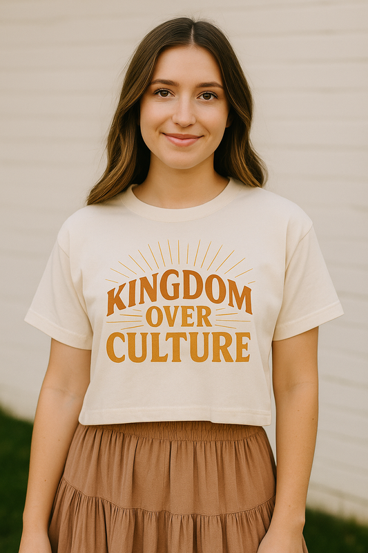 Kingdom Over Culture Shirt | Christian Graphic Tee | Faith Over Fear T-Shirt | Retro Sunrise Design | Comfort Colors Boxy Ivory Tee | Religious Boutique Shirt