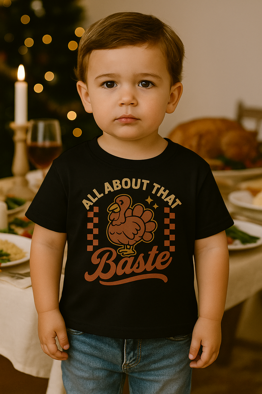 All About That Baste Toddler Thanksgiving Tee | Funny Turkey Day Shirt for Kids | Cute Fall Graphic Tee | Lil’ Crop Tops Thanksgiving Shirt