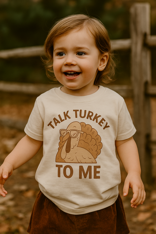 Talk Turkey To Me Toddler Tee – Funny Thanksgiving Shirt for Kids | Fall Turkey Shirt | Lil’ Crop Tops Bella Canvas Ivory Holiday Tee