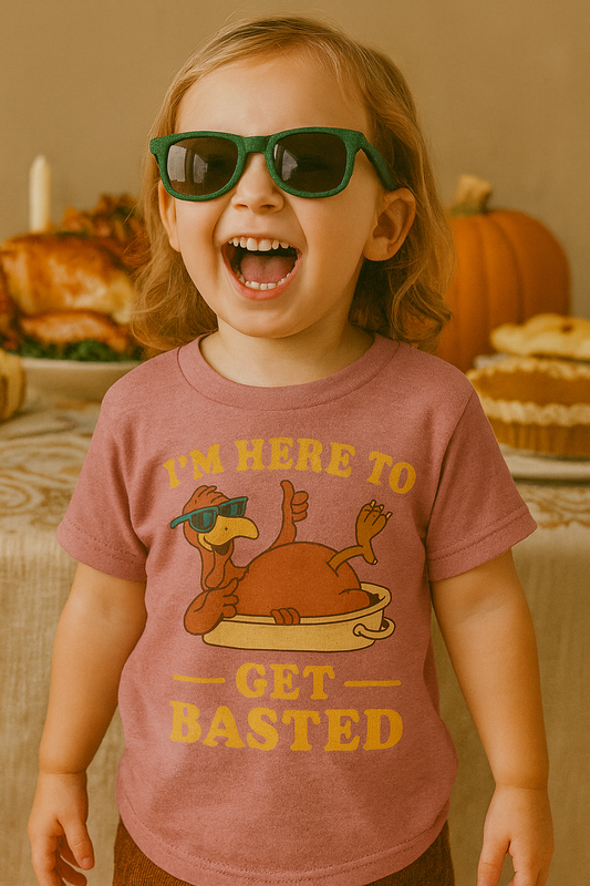Get Basted Toddler Tee - Funny Thanksgiving Shirt for Kids | Bella Canvas Heather Mauve Turkey Shirt | Cute Holiday Graphic Tee | Lil Crop Tops