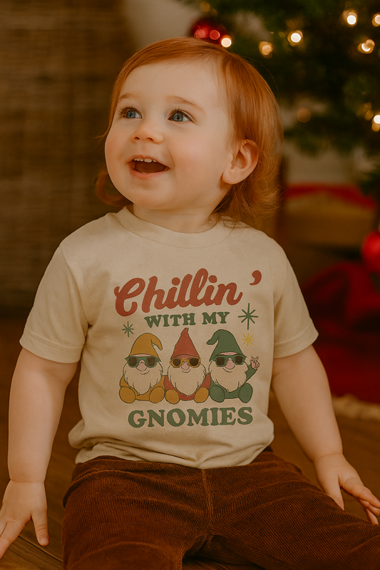 Chillin’ with My Gnomies Toddler Tee – Retro Christmas Gnome Shirt, Holiday Kids Graphic Tee, Funny Christmas Shirt for Toddlers, Bella Canvas Ivory