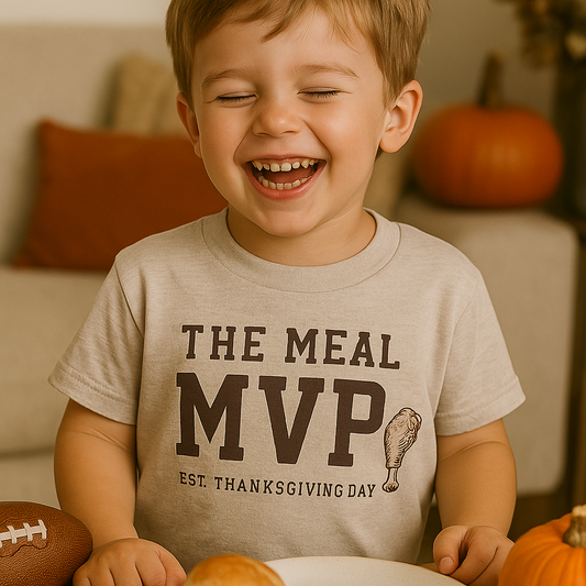 The Meal MVP Toddler Thanksgiving Shirt | Cute Retro Varsity Turkey Day Tee | Bella Canvas Heather Stone Kids Fall Shirt | Funny Holiday T-Shirt