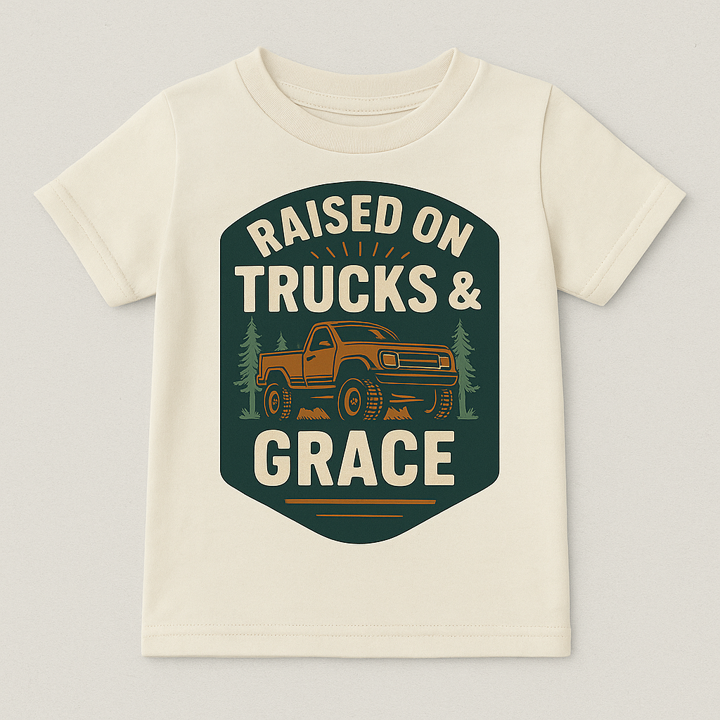 Raised on Trucks & Grace Toddler Shirt | Country Kids Tee | Faith Based Shirt | Truck Lover Gift | Rustic Western Baby Tee | Farm Kid Outfit