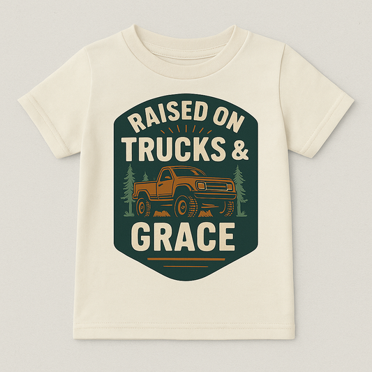 Raised on Trucks & Grace Toddler Shirt | Country Kids Tee | Faith Based Shirt | Truck Lover Gift | Rustic Western Baby Tee | Farm Kid Outfit