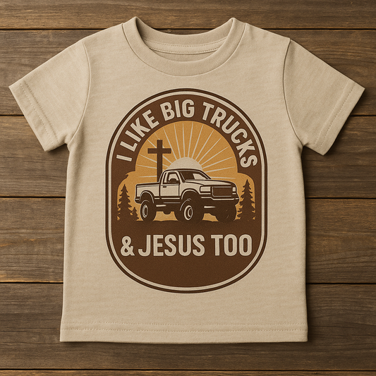 I Like Big Trucks & Jesus Too Toddler Shirt | Faith Based Kid’s Tee | Country Boy Outfit | Christian Truck Shirt | Farm Kid Tee