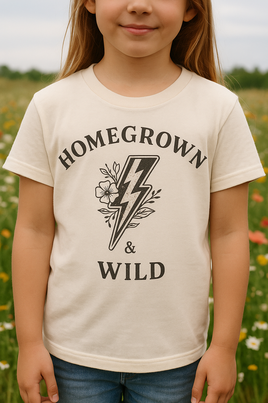 Youth Tee – “Homegrown & Wild” Lightning Bolt Graphic Kids Shirt
