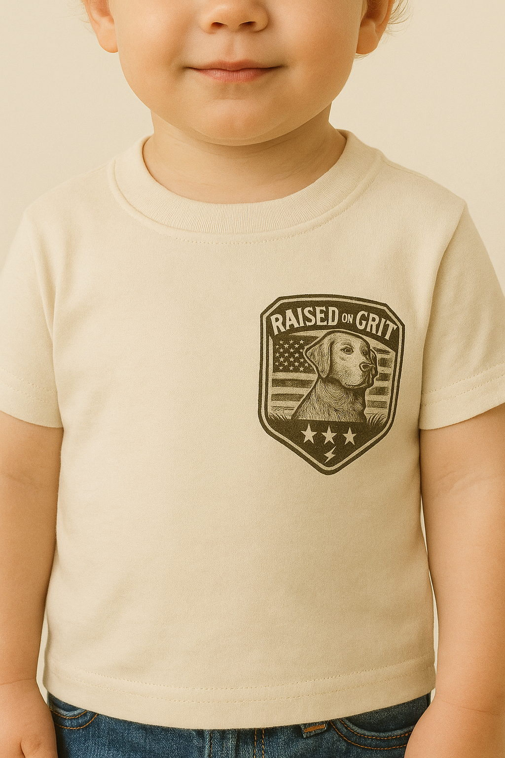 Raised on Grit - Dog & Truck Badge - Kids Tee - 2T- Youth XL