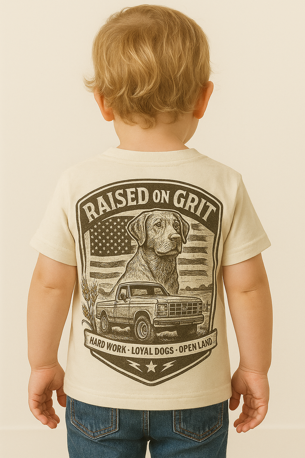 Raised on Grit - Dog & Truck Badge - Kids Tee - 2T- Youth XL