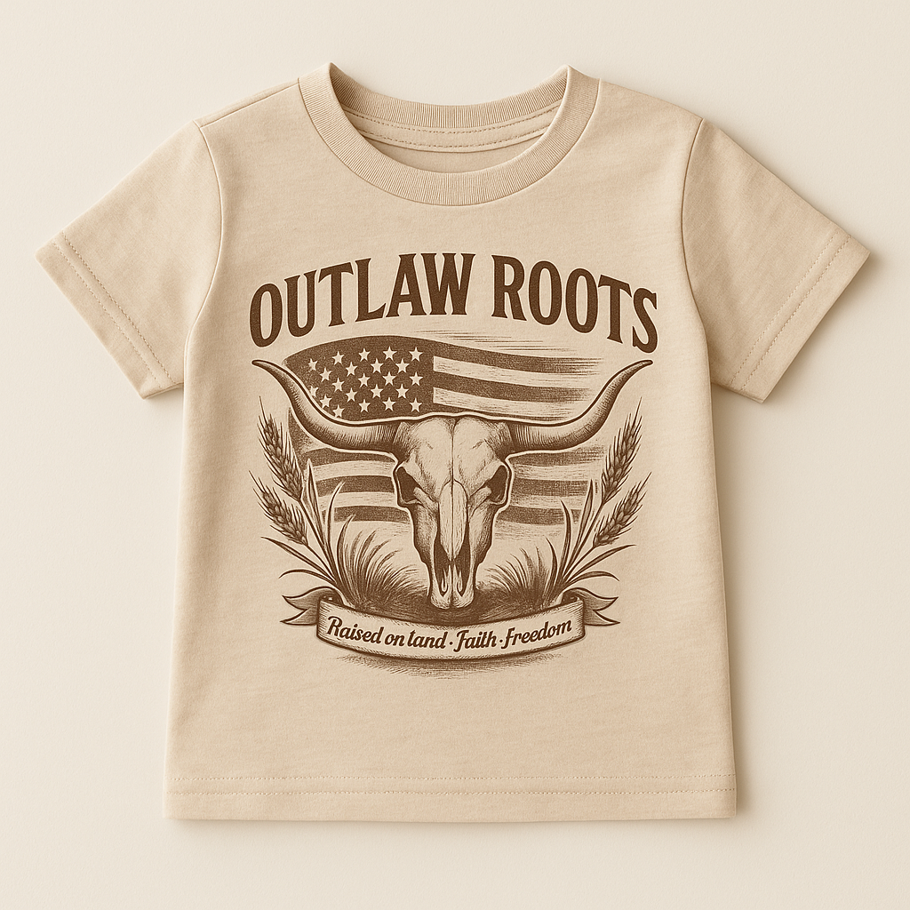 Outlaw Roots Kids Tee — Western Bull Skull Kids Shirt (Raised on Land • Faith • Freedom) - 3 Month - Youth XL