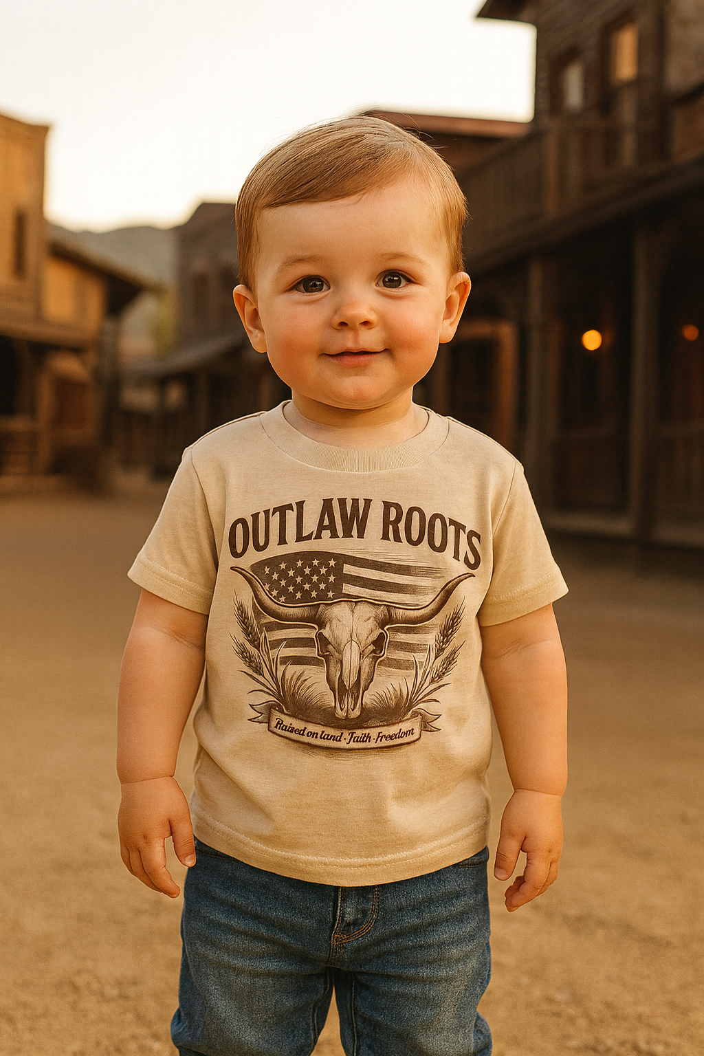 Outlaw Roots Kids Tee — Western Bull Skull Kids Shirt (Raised on Land • Faith • Freedom) - 3 Month - Youth XL