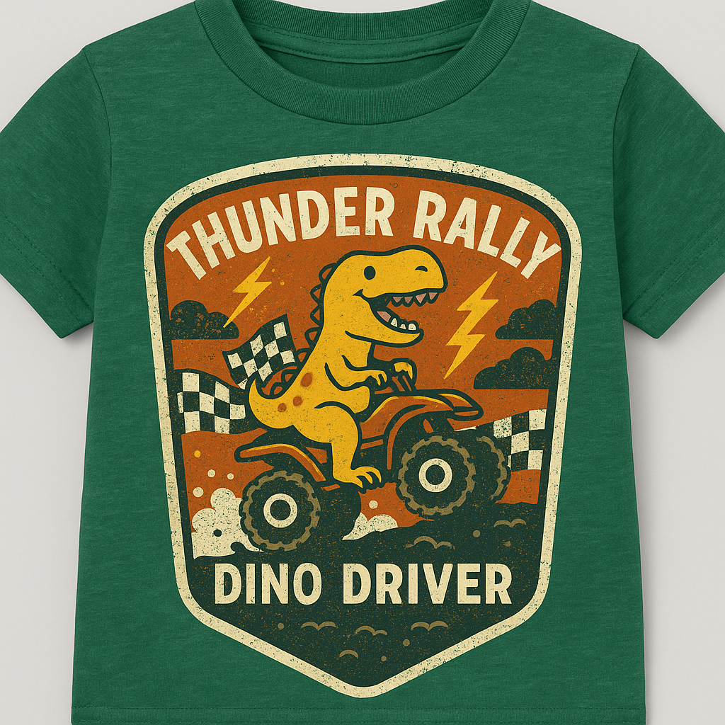 Thunder Rally Dino Driver Toddler Tee | Vintage Dinosaur ATV Shirt | Fun Patch-Style Graphic Tee for Kids