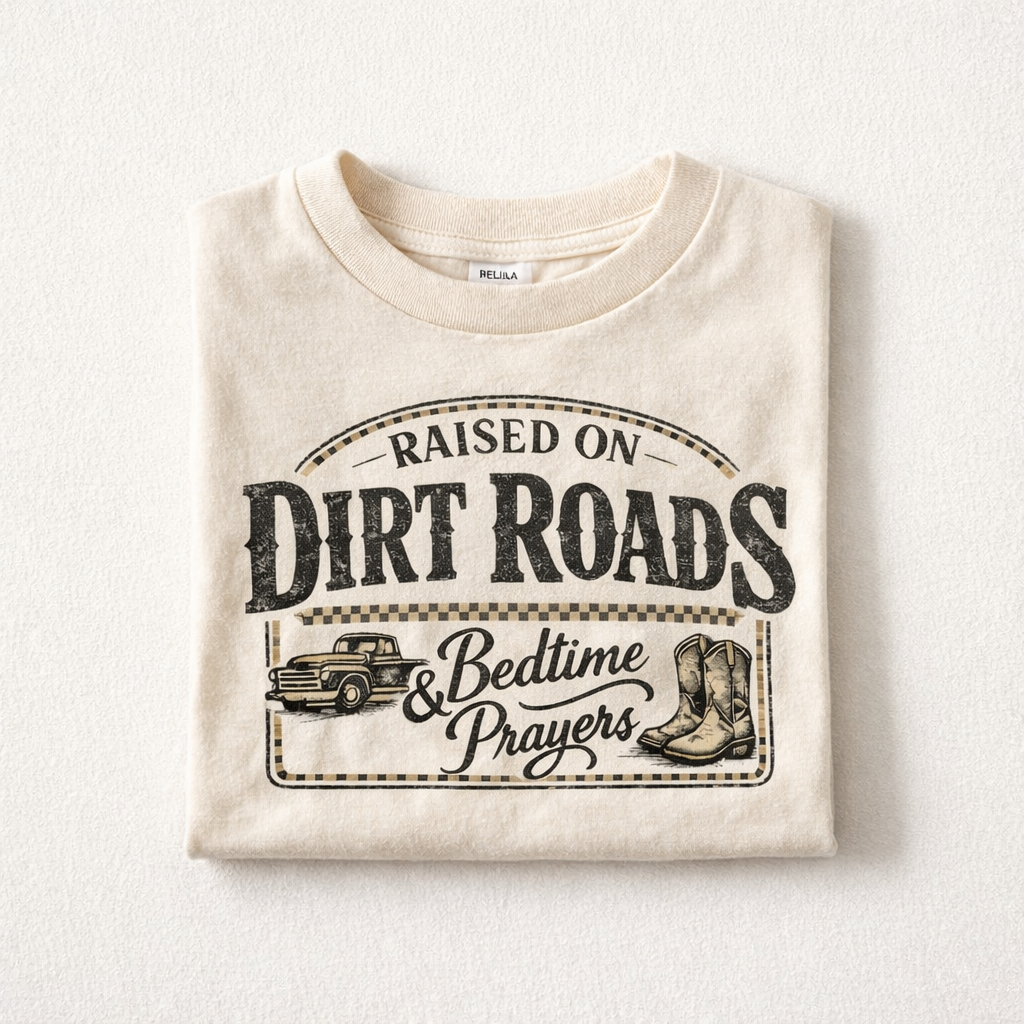 Raised on Dirt Roads & Bedtime Prayers Toddler Shirt | Country Farm Kids Tee | Vintage Western Toddler T-Shirt | Rustic Kids Shirt