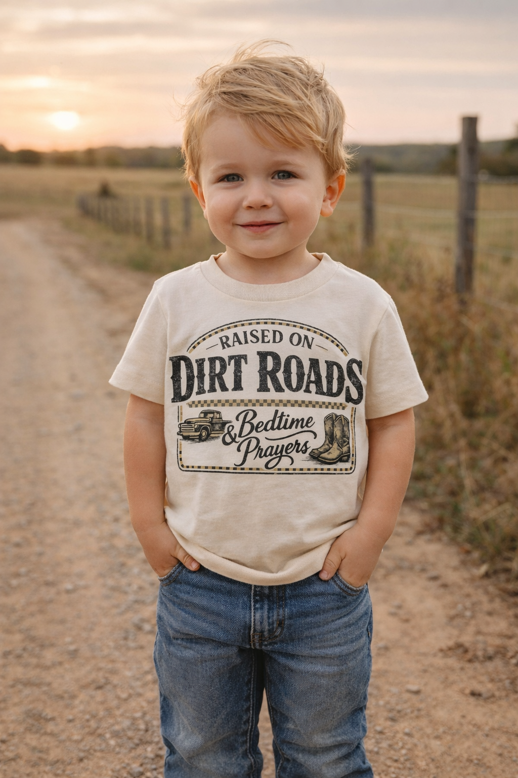 Raised on Dirt Roads & Bedtime Prayers Toddler Shirt | Country Farm Kids Tee | Vintage Western Toddler T-Shirt | Rustic Kids Shirt