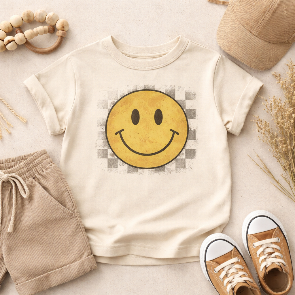 Vintage Smiley Face Kids T-Shirt | Retro Smiley Toddler Tee | Neutral Baby & Toddler Shirt | Unisex Kids Graphic Tee