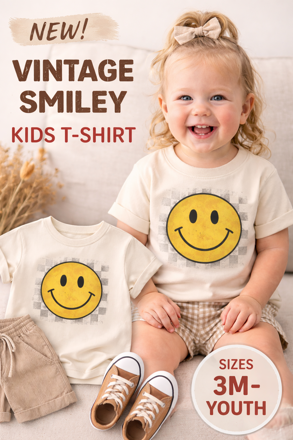 Vintage Smiley Face Kids T-Shirt | Retro Smiley Toddler Tee | Neutral Baby & Toddler Shirt | Unisex Kids Graphic Tee