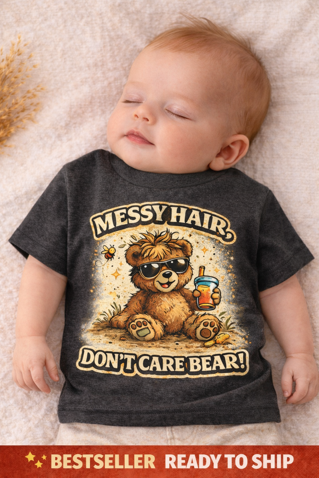Messy Hair Don’t Care Bear Kids T-Shirt | Funny Toddler Shirt | Cute Bear Graphic Tee | Unisex Baby Toddler Youth Tee
