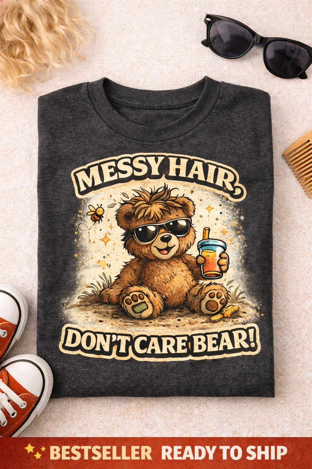 Messy Hair Don’t Care Bear Kids T-Shirt | Funny Toddler Shirt | Cute Bear Graphic Tee | Unisex Baby Toddler Youth Tee