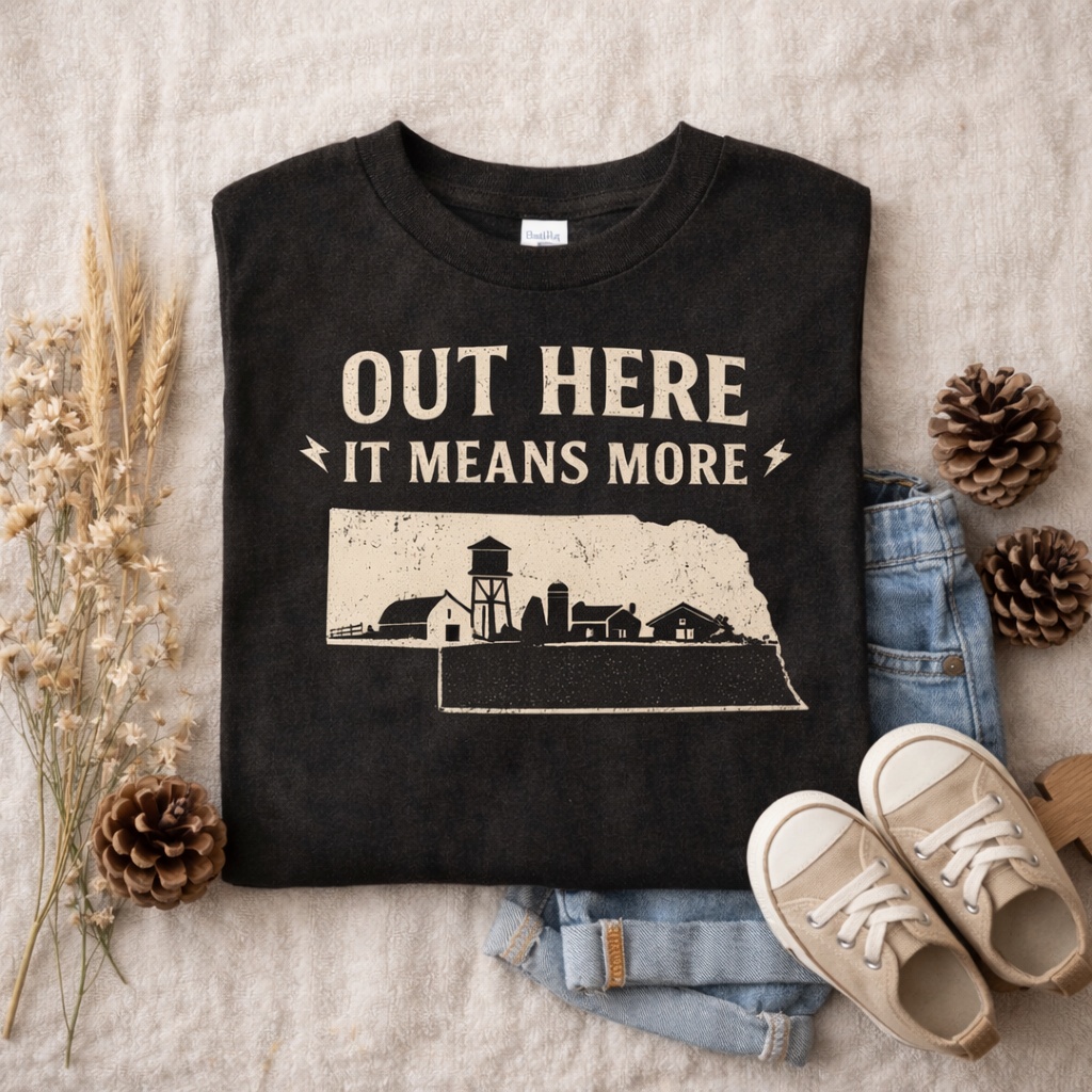 Out Here It Means More Shirt | Nebraska Womens Shirt | Farm Life Graphic Tee | Midwest Shirt | Country Girl Shirt
