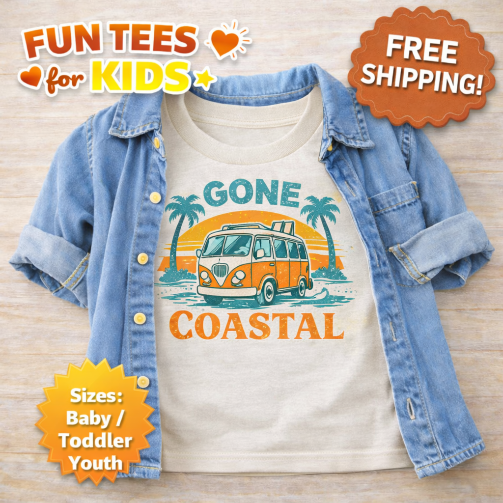 Gone Coastal Kids Shirt – Retro Beach Van Toddler Tee – Summer Vacation Baby Shirt – Surf Bus Graphic T Shirt – Baby Toddler Youth