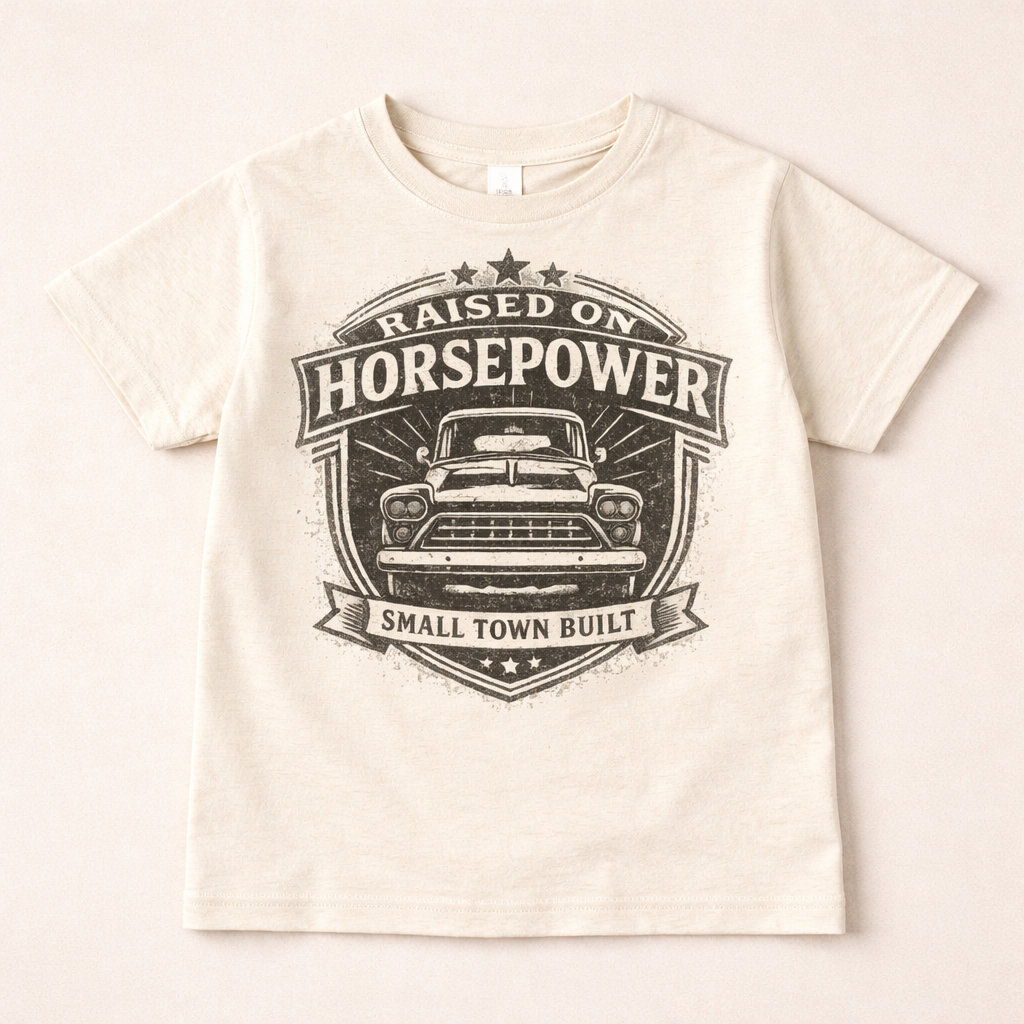 Raised On Horsepower Shirt – Small Town Built Kids Truck Tee – Farm Girl Shirt – Country Toddler & Youth Graphic Tee