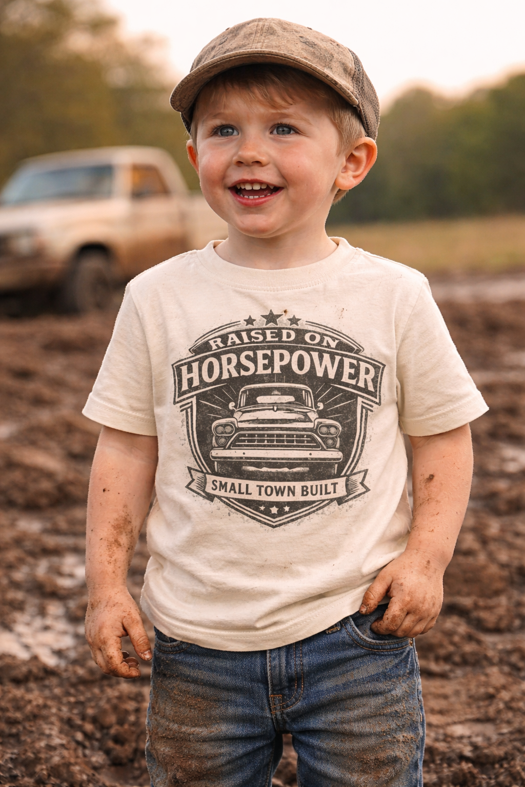 Raised On Horsepower Shirt – Small Town Built Kids Truck Tee – Farm Girl Shirt – Country Toddler & Youth Graphic Tee