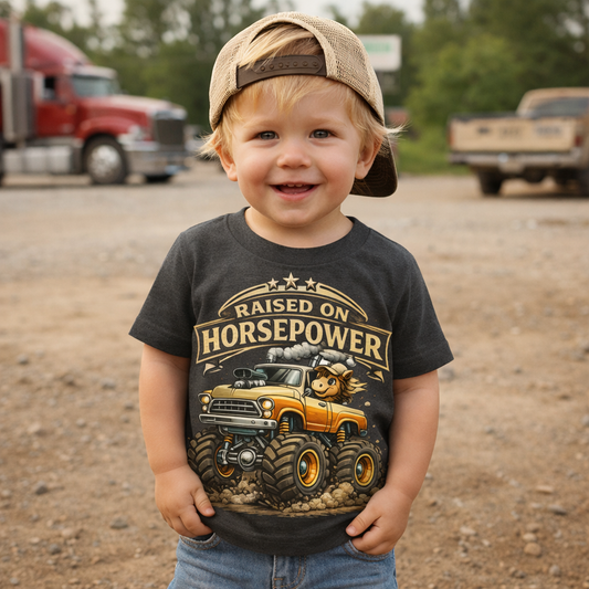 Raised On Horsepower Kids Shirt – Monster Truck Toddler Tee – Country Kid Graphic Shirt – Farm Girl & Boy Youth Tee