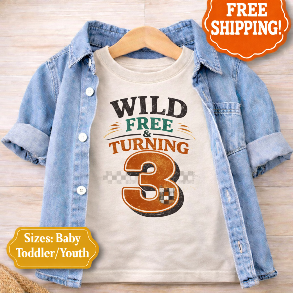 Wild Free & Turning 3 Shirt – 3rd Birthday Boy Shirt – Western Racing Birthday Tee – Dirt Bike Birthday Outfit – Third Birthday Shirt Toddler